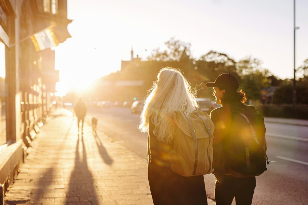 Rear view of friends walking on footpath during sunset